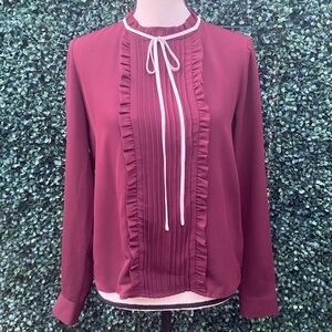 Forever 21 Woven Blouse Ruffle neck line Burgundy Long Sleeve